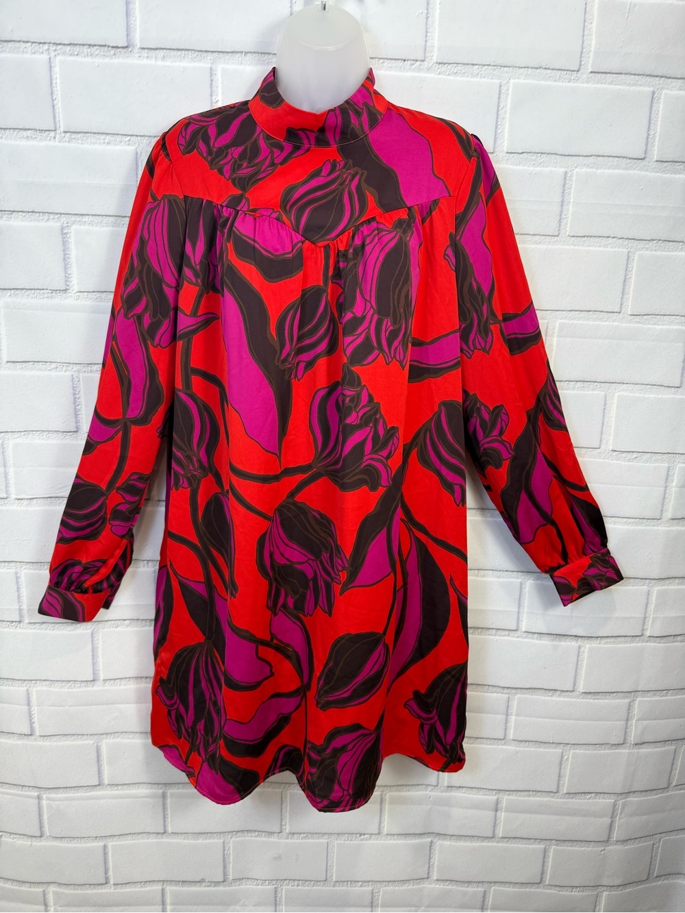 Who What Wear Floral Mock Neck Shift Dress Size L Red Pink Long Sleeve Pockets - Picture 3 of 12